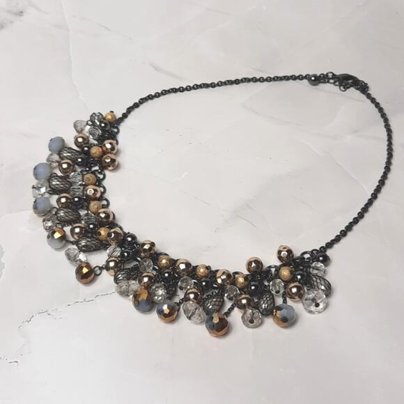 Cluster Bead Bib Necklace Gold/Blue - Picture 1 of 7